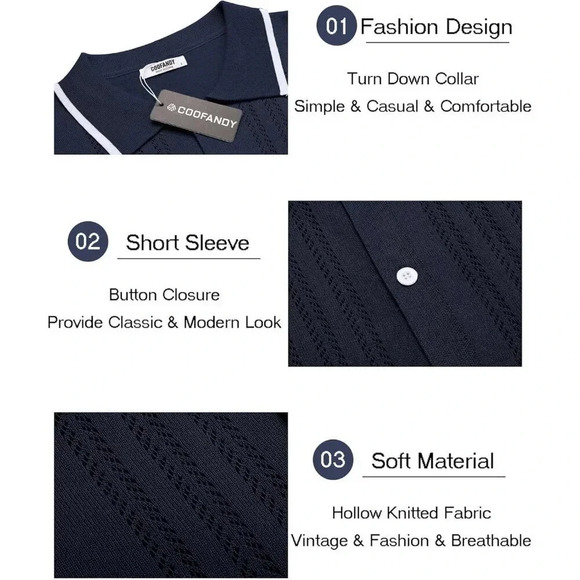 ❤️Men's Blue Button Down Shirt Vintage Short Sleeve Shirts Casual Beach Tops - Picture 5 of 6